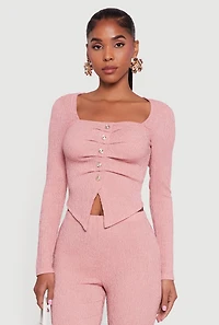 Faux Button Long Sleeve Textured Knit Blouse