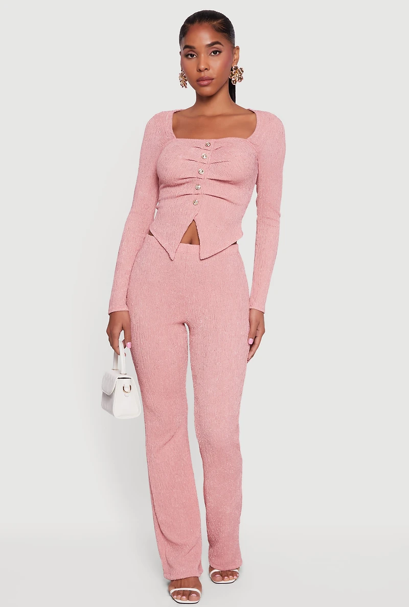 Womens Faux Button Long Sleeve Textured Knit Blouse, Pink,