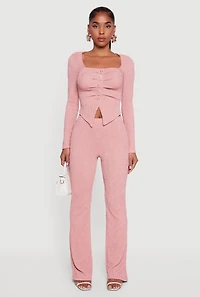 Faux Button Long Sleeve Textured Knit Blouse