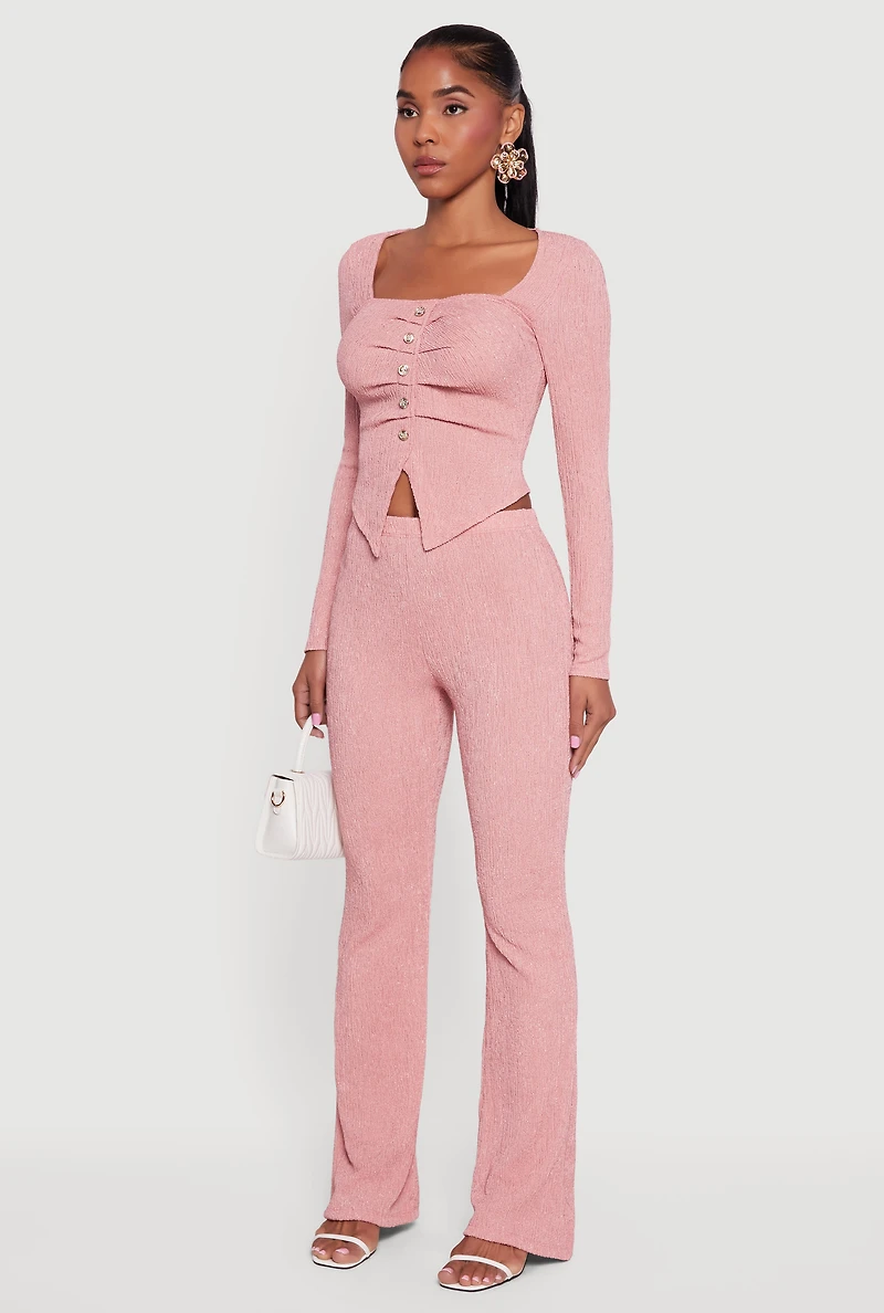 Womens Faux Button Long Sleeve Textured Knit Blouse, Pink,