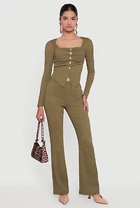 Womens Textured Knit High Waisted Slim Bootcut Pants, Green, Size S