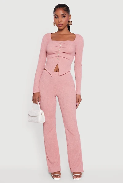 Textured Knit High Waisted Slim Bootcut Pants