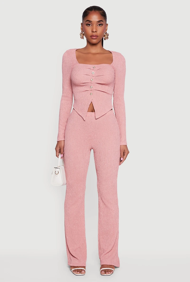 Textured Knit High Waisted Slim Bootcut Pants