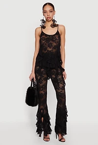 Floral Lace High Waisted Ruffle Flare Pants