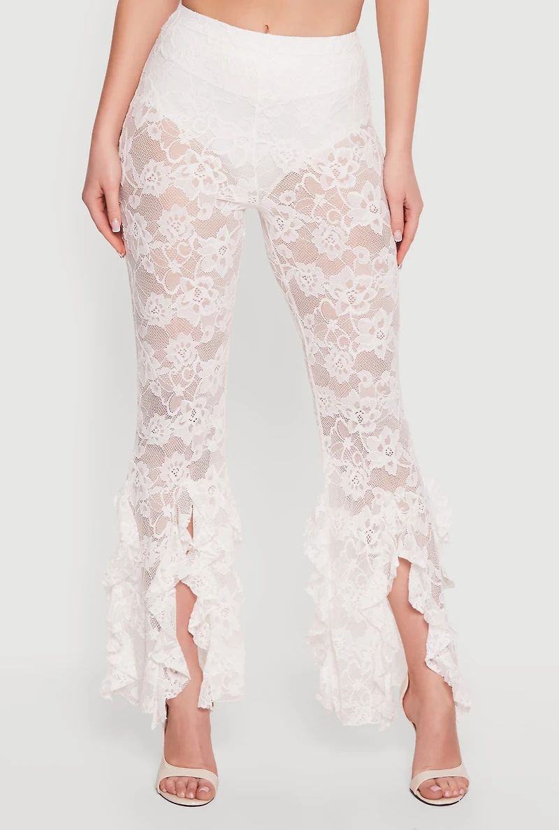 Floral Lace High Waisted Ruffle Flare Pants