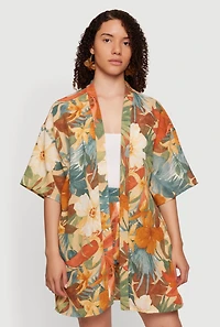 Tropical Floral Print Open Front Kimono