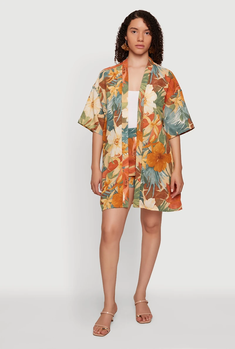 Tropical Floral Print Open Front Kimono