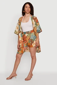 Tropical Floral Print Open Front Kimono