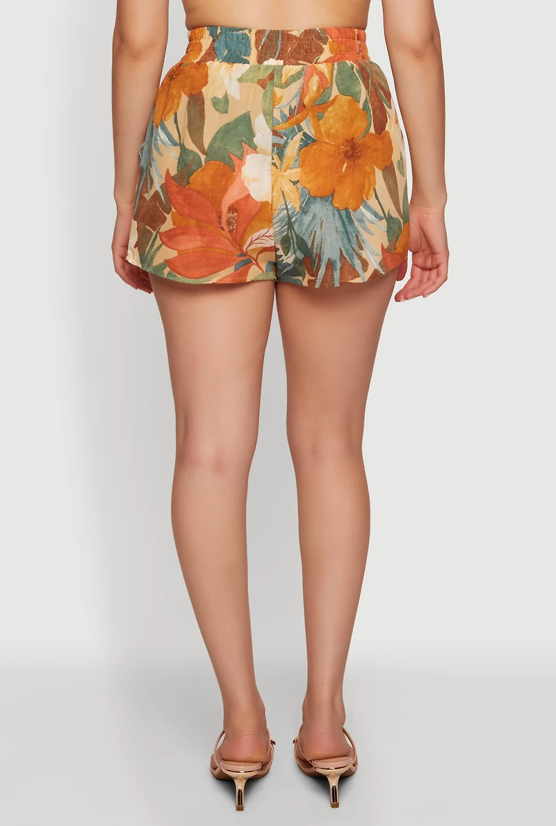 Floral Elastic High Waisted Shorts