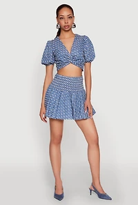 Womens Smocked Waist Printed Mini Skirt, Blue, Size L