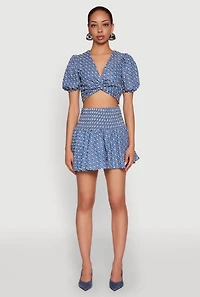 Womens Smocked Waist Printed Mini Skirt, Blue, Size S