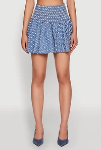 Womens Smocked Waist Printed Mini Skirt, Blue, Size L