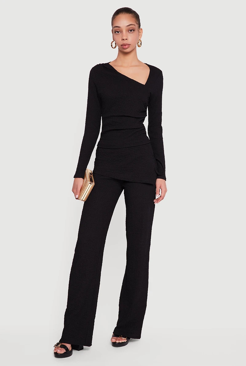 Textured Knit Side Tie Asymmetrical Fold Over Waist Pants
