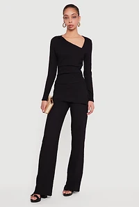 Textured Knit Side Tie Asymmetrical Fold Over Waist Pants