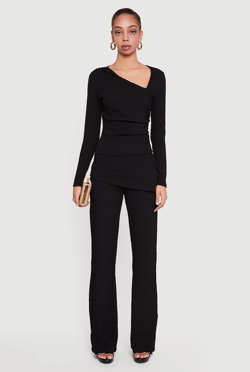 Textured Knit Side Tie Asymmetrical Fold Over Waist Pants