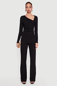 Textured Knit Side Tie Asymmetrical Fold Over Waist Pants