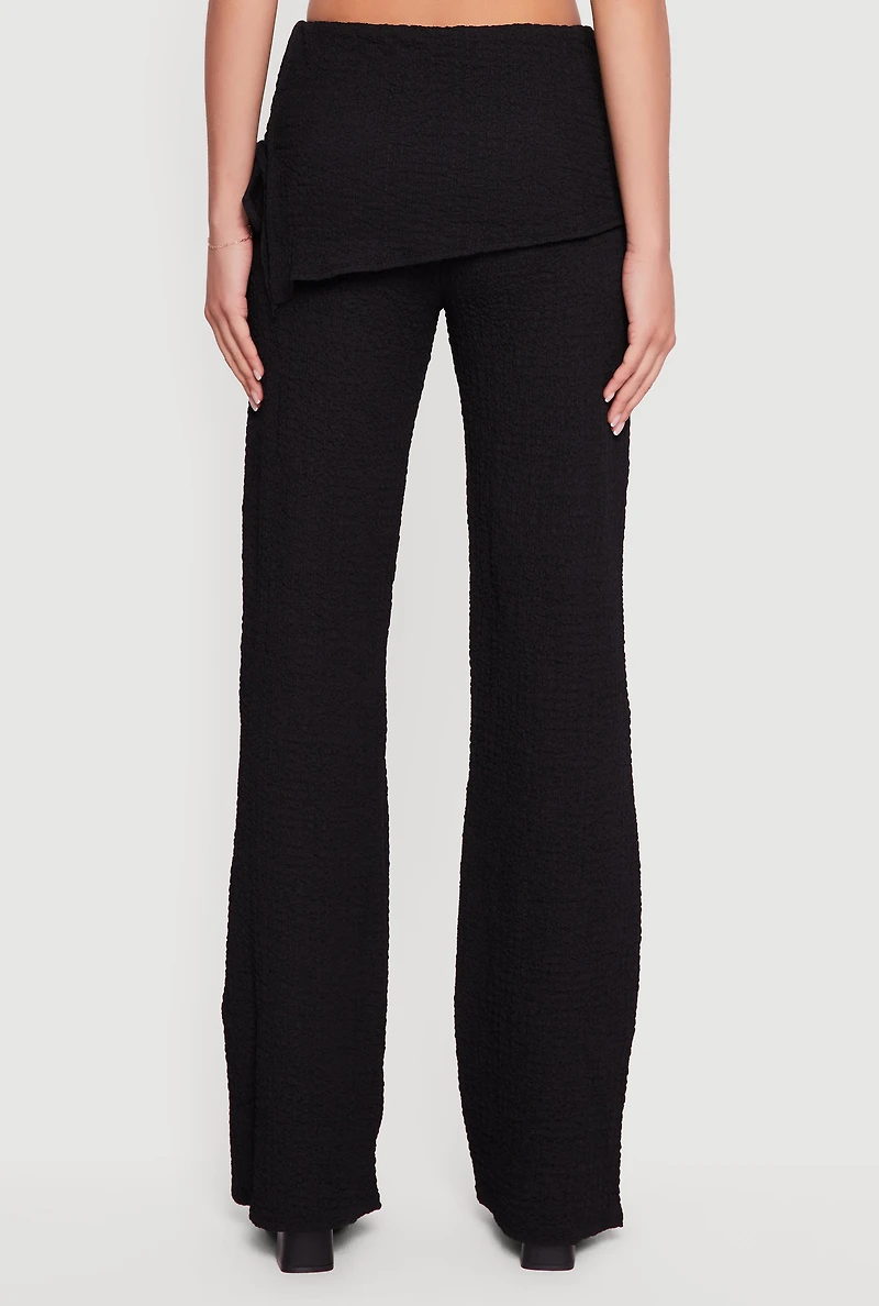 Textured Knit Side Tie Asymmetrical Fold Over Waist Pants