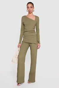 Textured Knit Side Tie Asymmetrical Fold Over Waist Pants