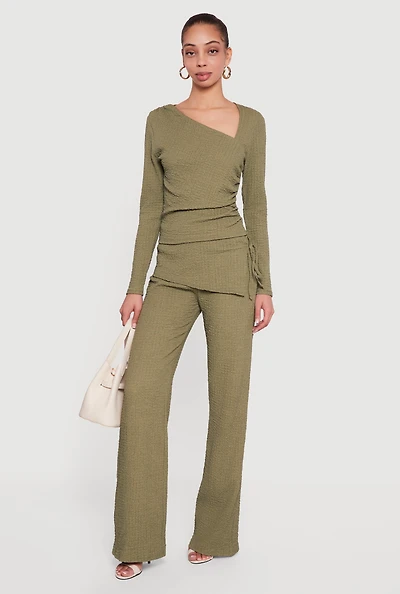 Textured Knit Side Tie Asymmetrical Fold Over Waist Pants