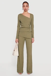 Textured Knit Side Tie Asymmetrical Fold Over Waist Pants
