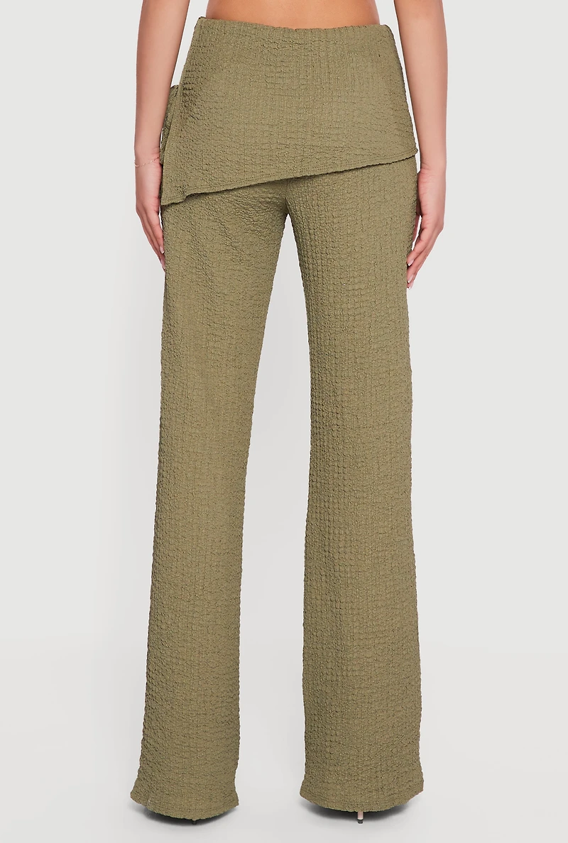 Textured Knit Side Tie Asymmetrical Fold Over Waist Pants
