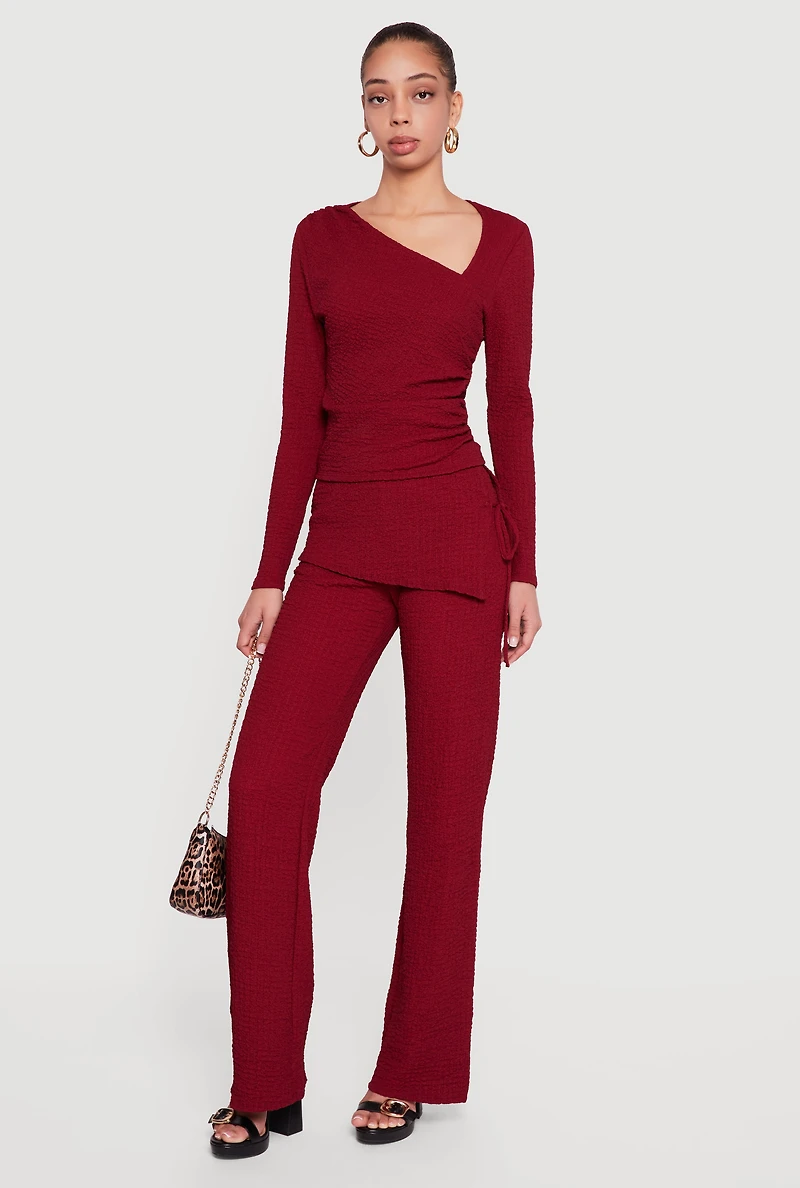 Womens Textured Knit Side Tie Asymmetrical Fold Over Waist Pants, L