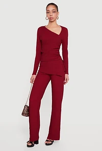 Womens Textured Knit Side Tie Asymmetrical Fold Over Waist Pants, L