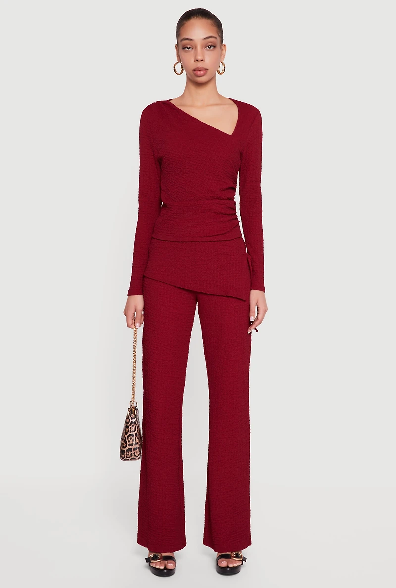 Textured Knit Side Tie Asymmetrical Fold Over Waist Pants