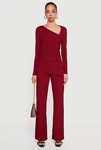 Textured Knit Side Tie Asymmetrical Fold Over Waist Pants