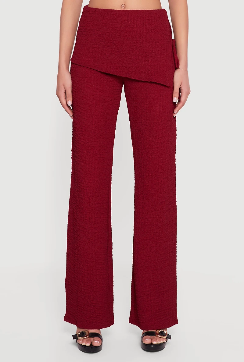 Womens Textured Knit Side Tie Asymmetrical Fold Over Waist Pants, L