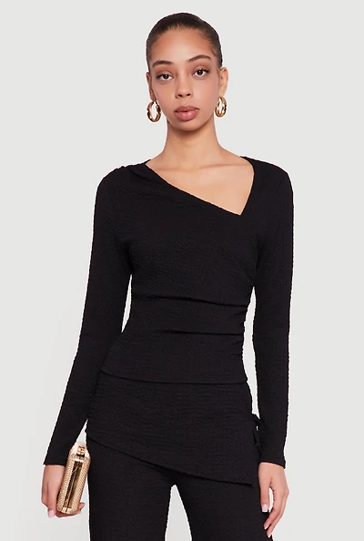 Ruched Textured Knit Asymmetrical Neck Blouse