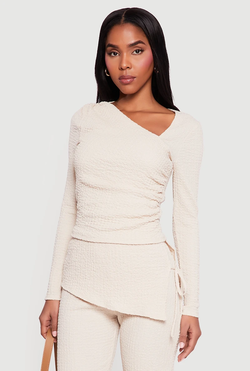 Ruched Textured Knit Asymmetrical Neck Blouse