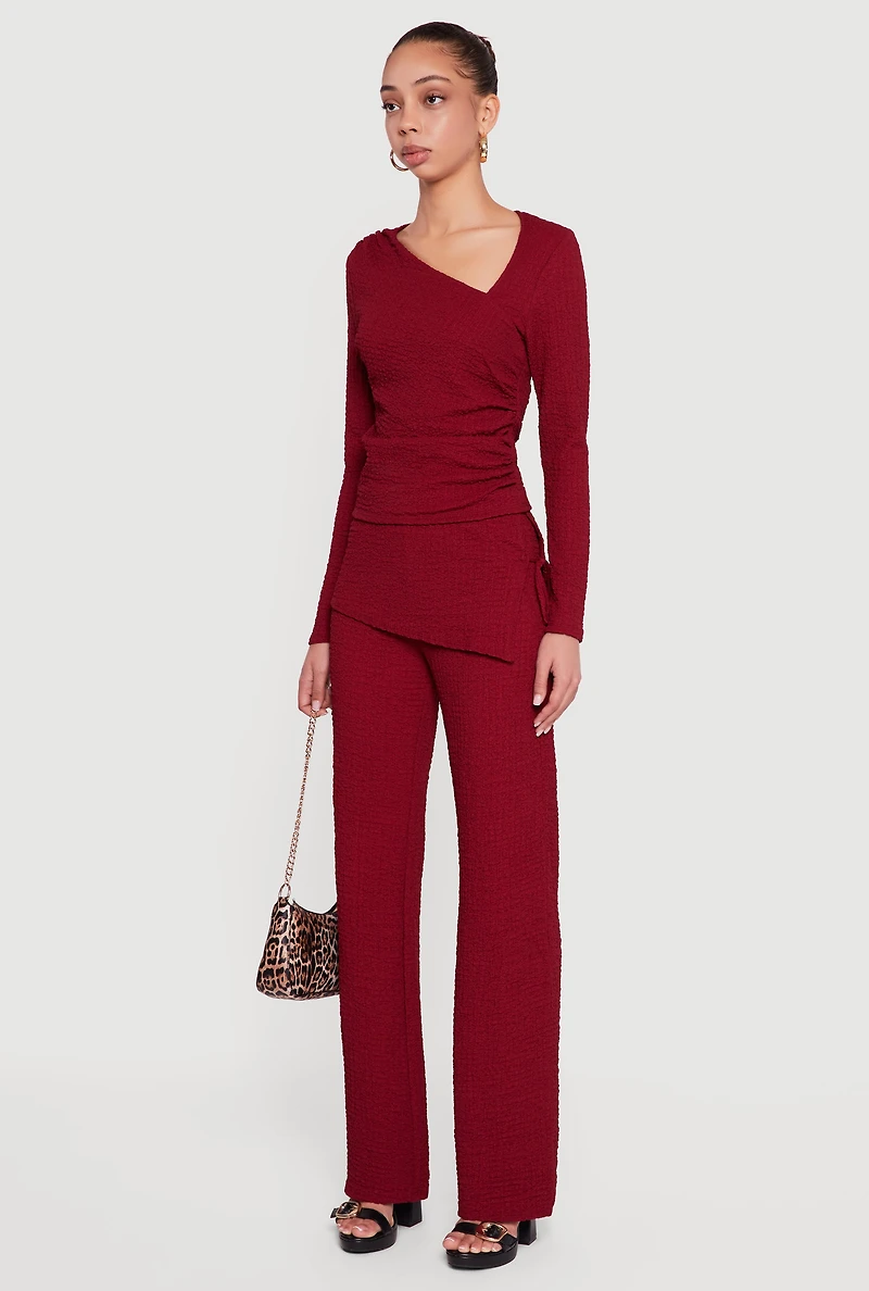 Ruched Textured Knit Asymmetrical Neck Blouse