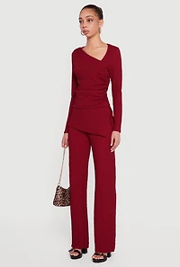 Ruched Textured Knit Asymmetrical Neck Blouse