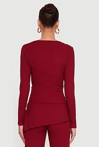 Ruched Textured Knit Asymmetrical Neck Blouse