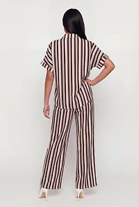 Striped Crepe Knit Button Front Short Sleeve Shirt