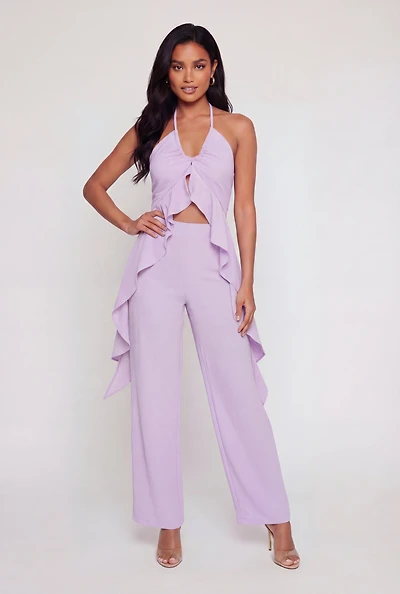 Crepe Knit Ruffle Trim Halter Top