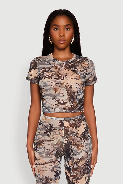 Womens Camo Leaf Print Mesh Crop Top, Multi, Size M