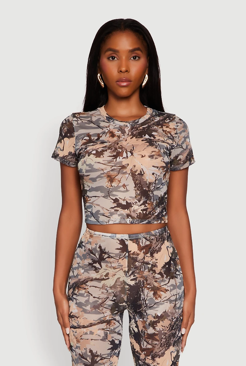 Womens Camo Leaf Print Mesh Crop Top, Multi, Size L