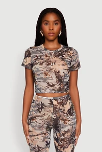 Womens Camo Leaf Print Mesh Crop Top, Multi, Size L