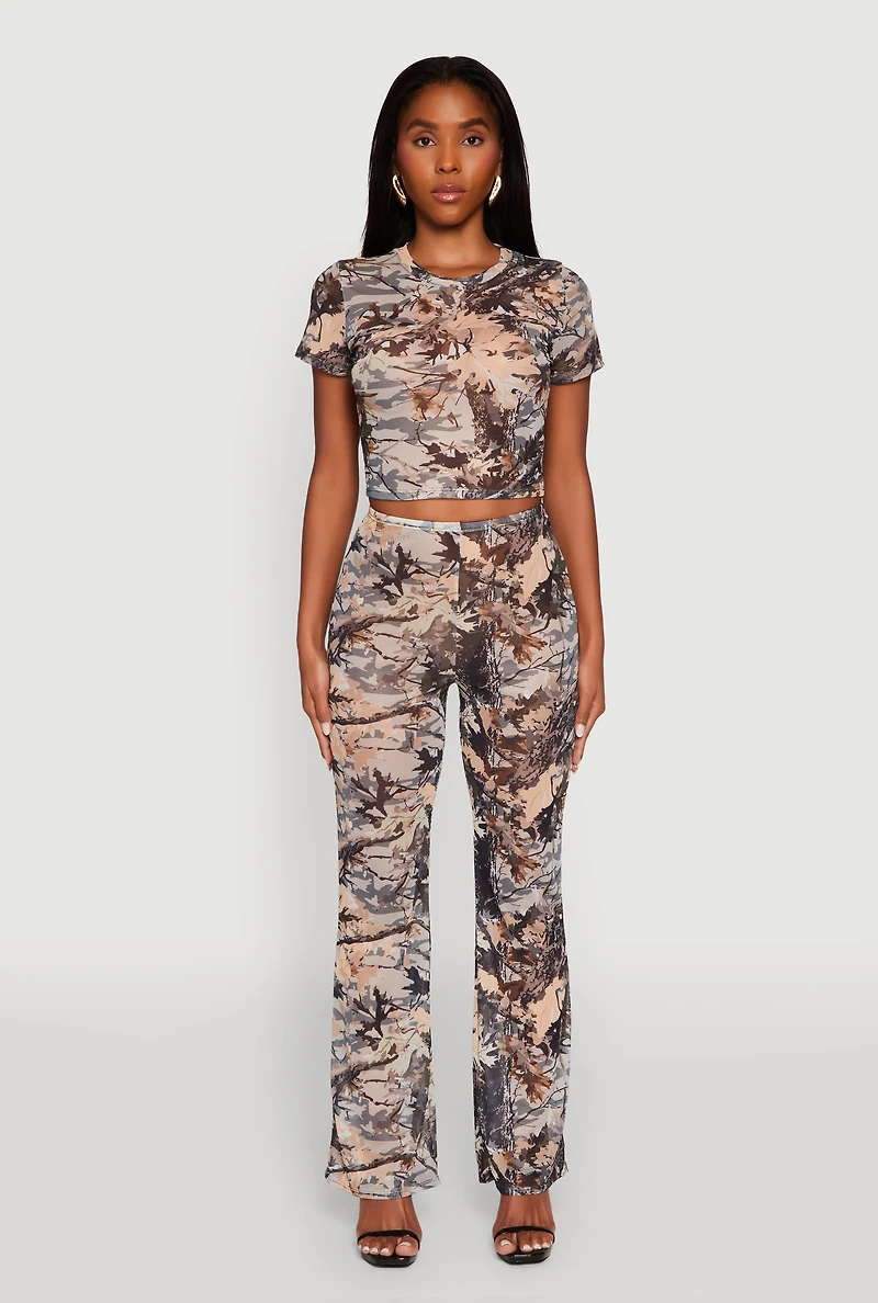 Womens Camo Leaf Print Mesh Crop Top, Multi, Size M