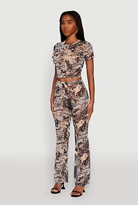 Womens Camo Leaf Print Mesh Crop Top, Green, Size XL