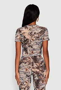 Womens Camo Leaf Print Mesh Crop Top, Multi, Size L