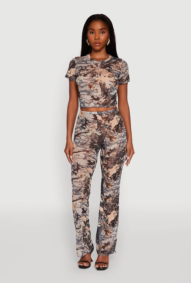 Womens Camo Leaf Print Mesh Casual Pants, Green,