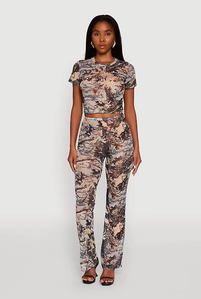 Womens Camo Leaf Print Mesh Casual Pants, Green,
