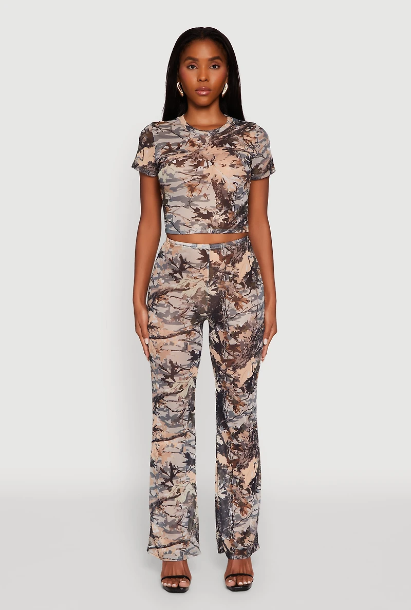 Womens Camo Leaf Print Mesh Casual Pants, Multi, Size S