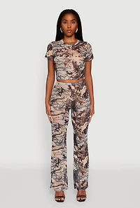 Womens Camo Leaf Print Mesh Casual Pants, Multi, Size S