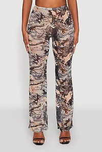 Womens Camo Leaf Print Mesh Casual Pants, Green, Size L