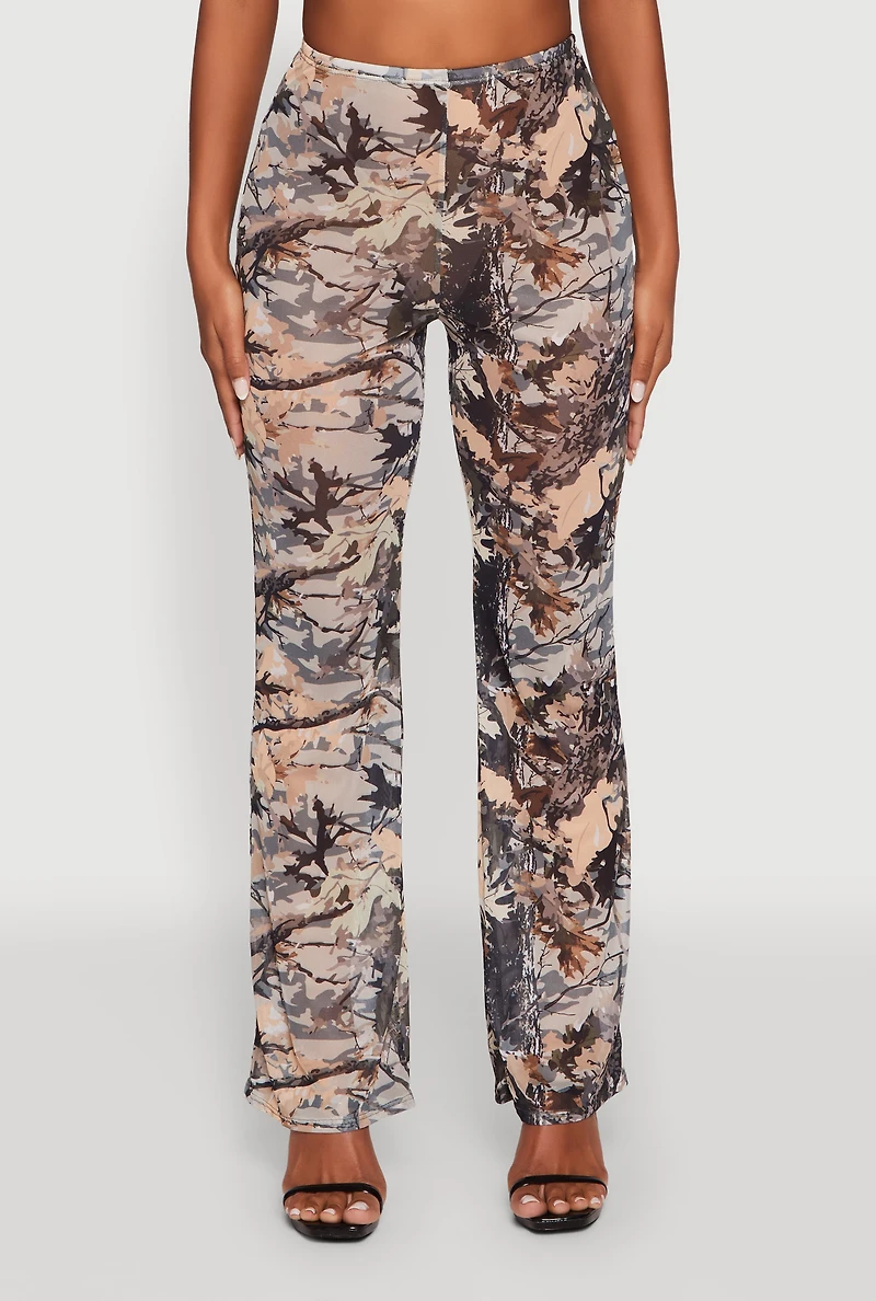 Womens Camo Leaf Print Mesh Casual Pants, Multi, Size L