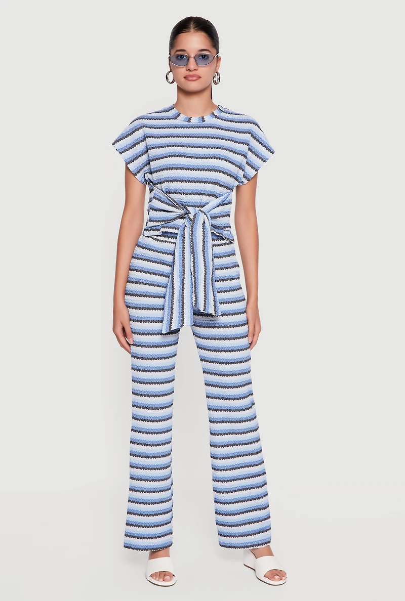 Striped Textured Knit Knot Front Blouse